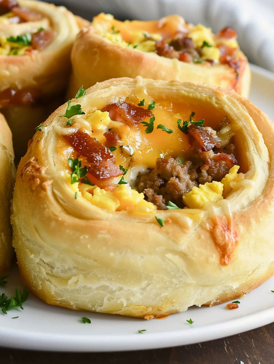 A plate of breakfast rolls with meat and cheese.