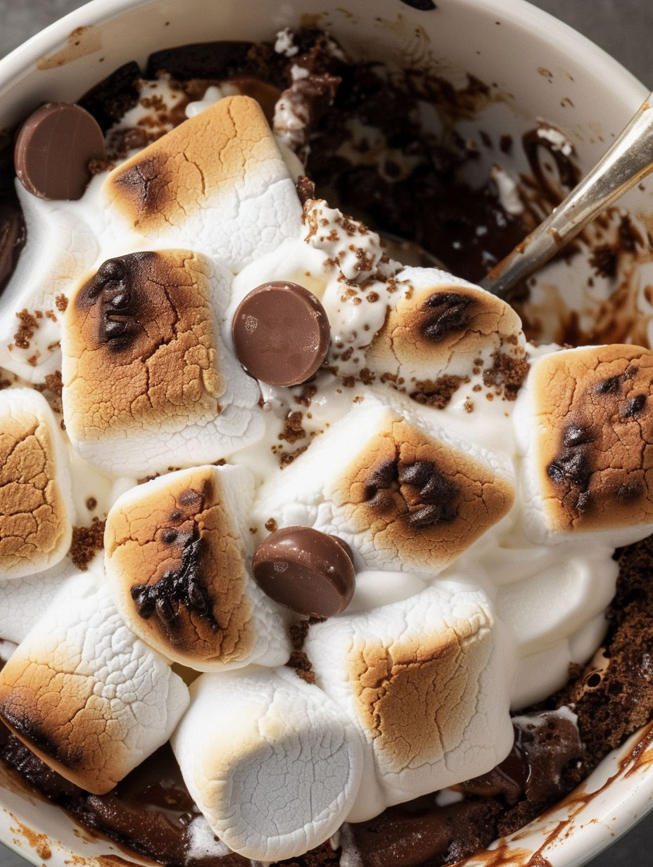 A bowl of S'mores Cobbler with marshmallows and chocolate chips.