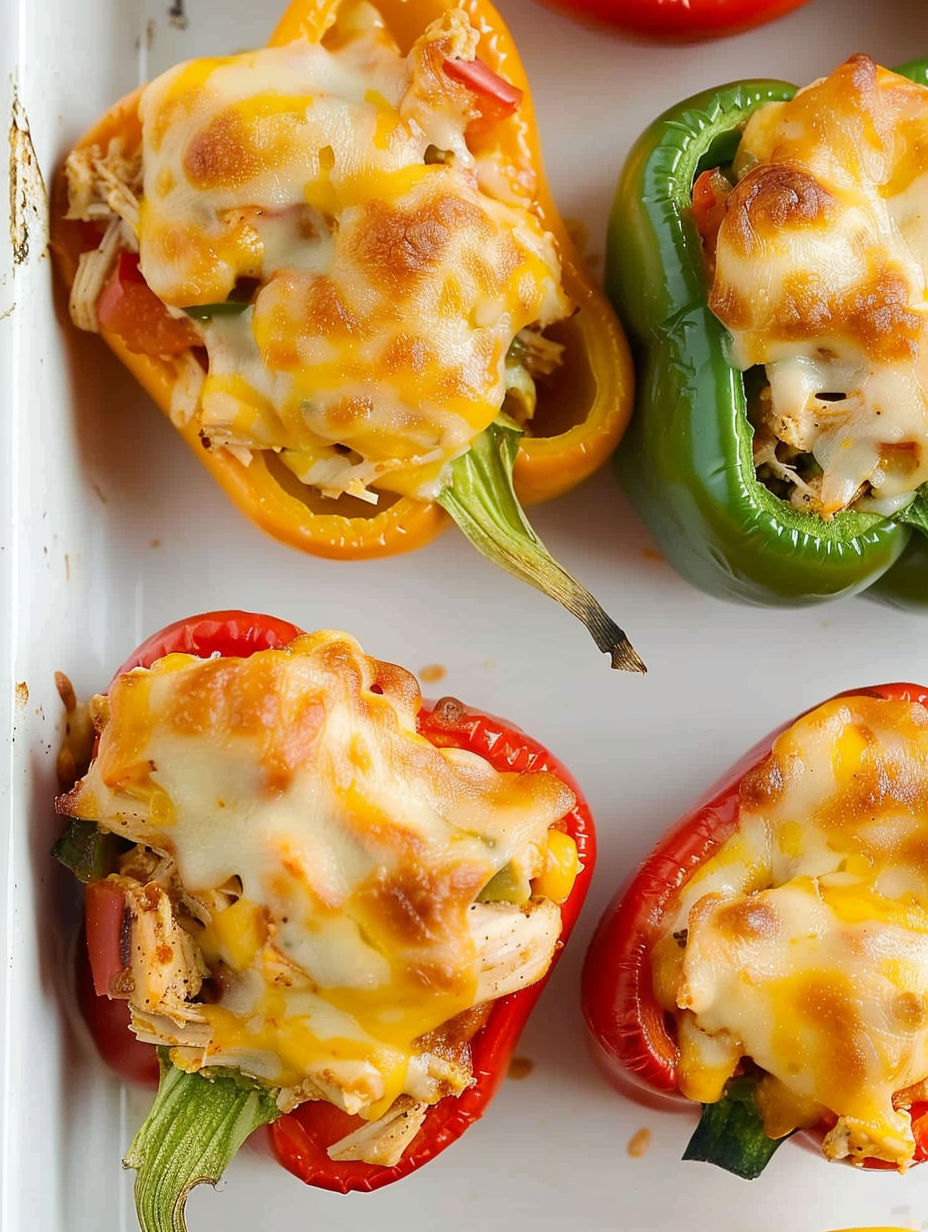 Chicken stuffed bell peppers with cheese.