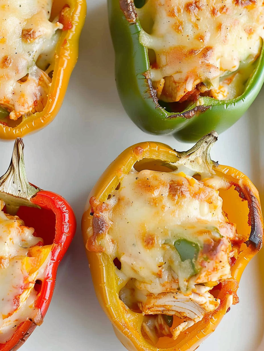 A plate of chicken stuffed bell peppers.