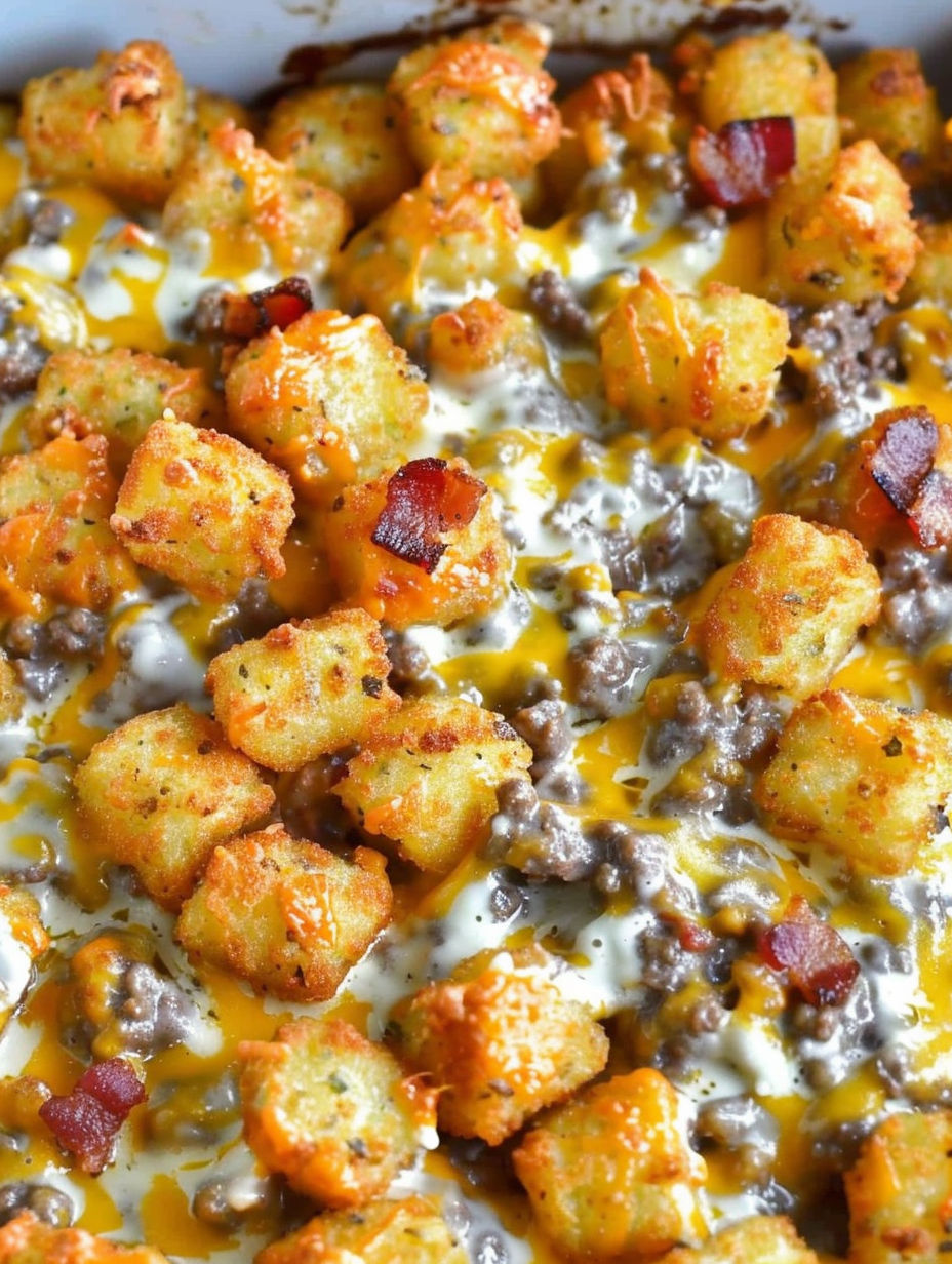 A close up of a cheeseburger tater tot casserole.