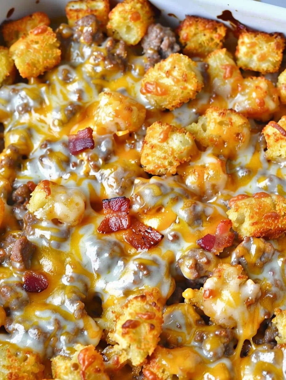 A close up of a cheeseburger tater tot casserole.