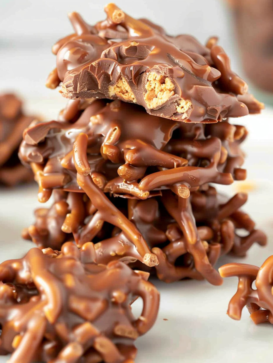 A stack of chocolate covered caramel candies.