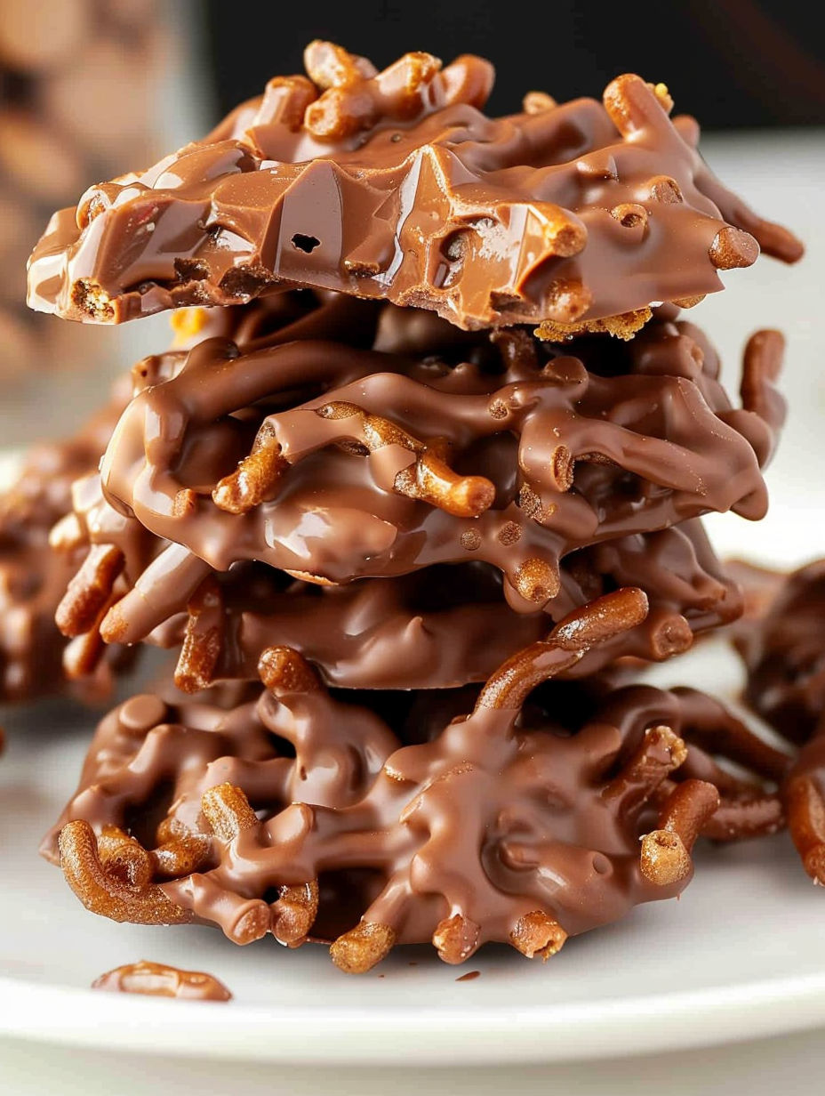 A stack of chocolate covered haystack cookies.