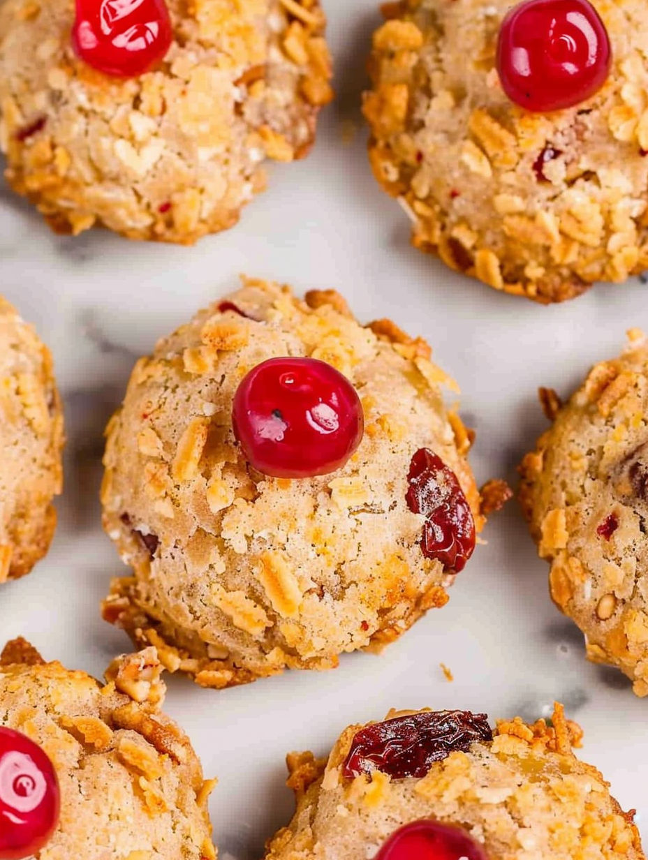 A plate of cookies with a cherry on top.