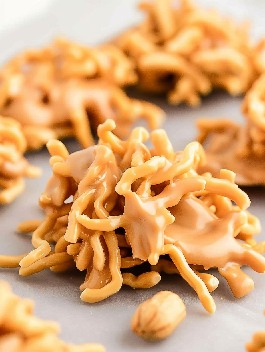 A close up of butterscotch haystacks.