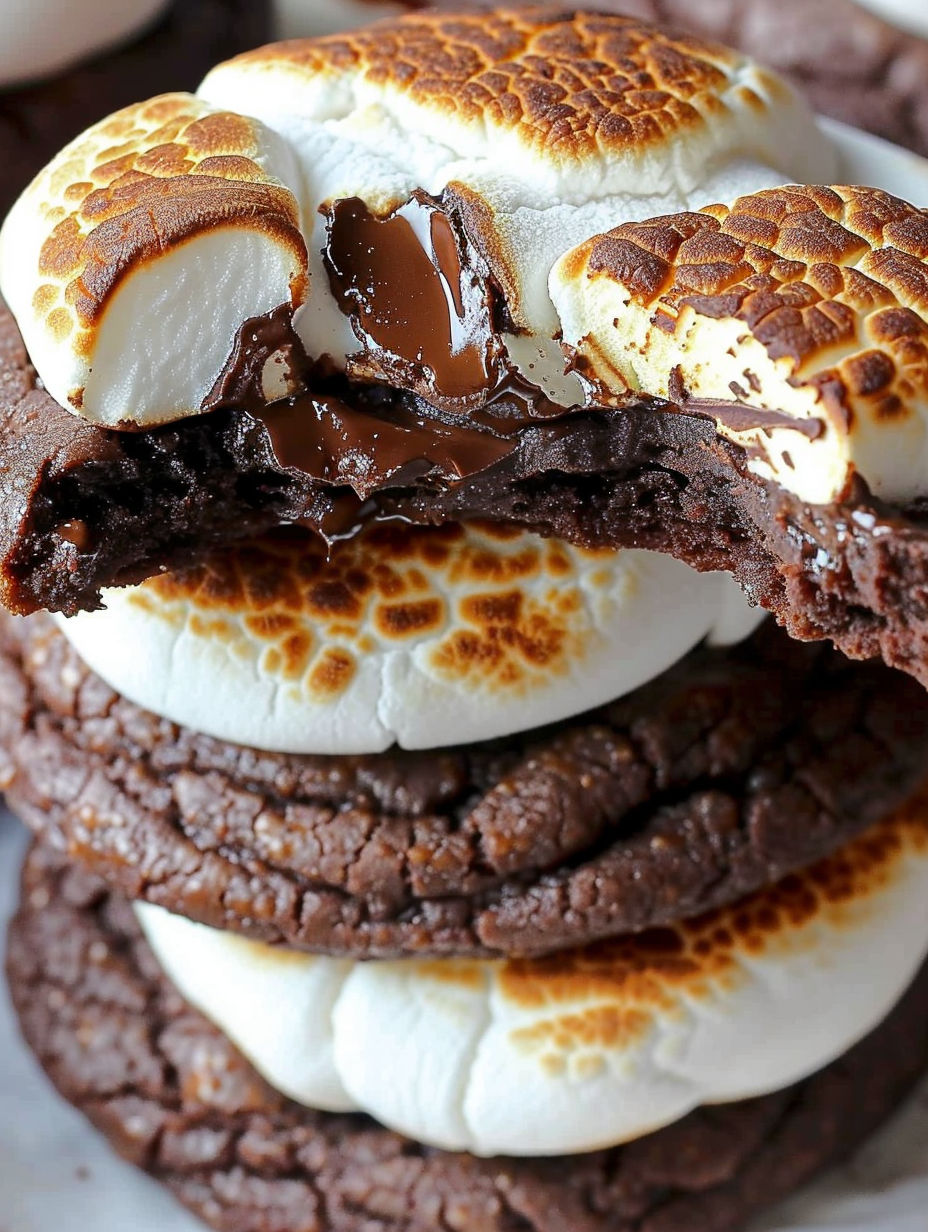 A stack of marshmallows with chocolate drizzled on top.