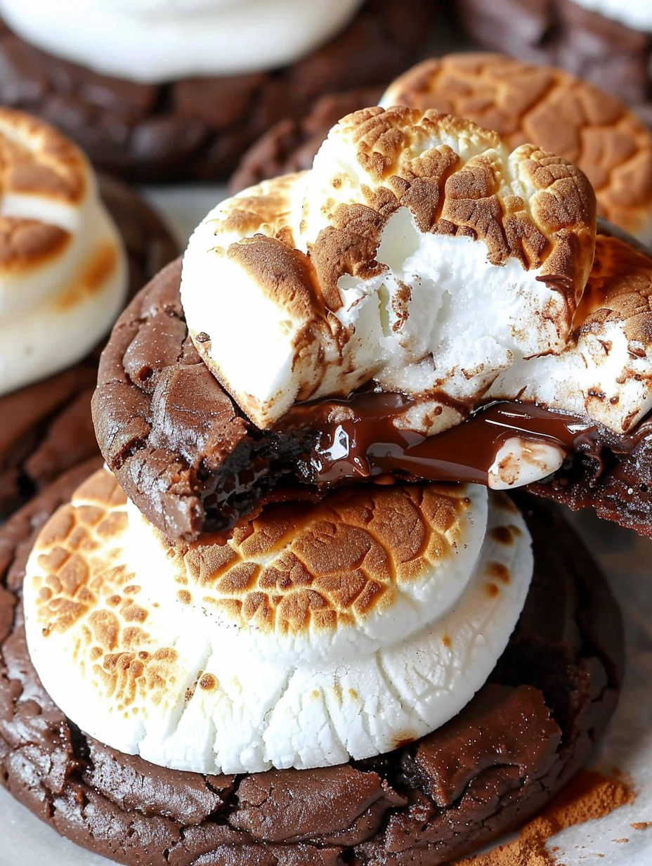 A chocolate chip cookie with white frosting and a marshmallow on top.