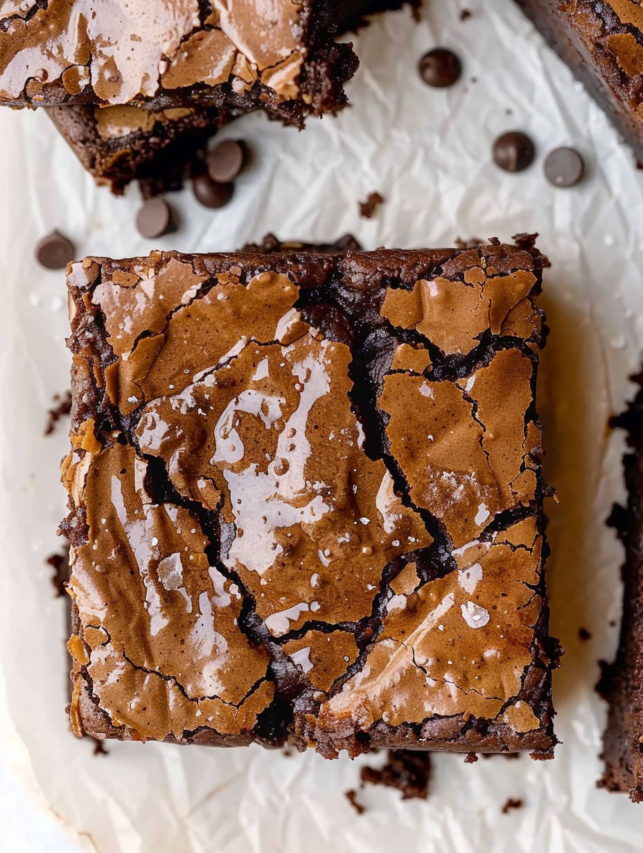 A close up of a brownie with chocolate chips.