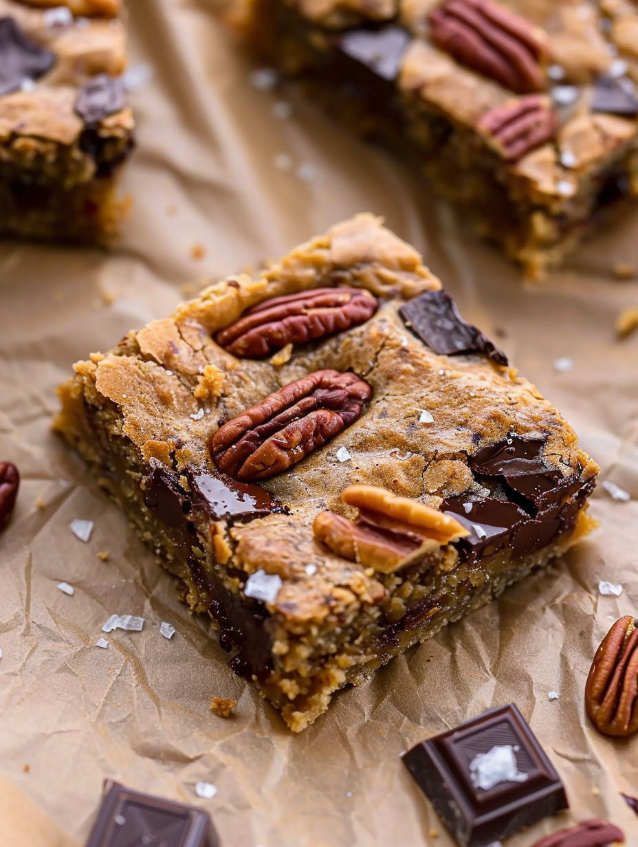 A square piece of brown butter blondie with pecans.