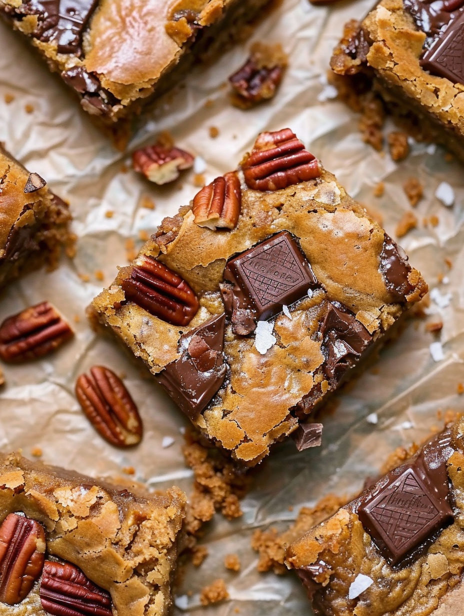 Browned butter blondies with pecans and bourbon.