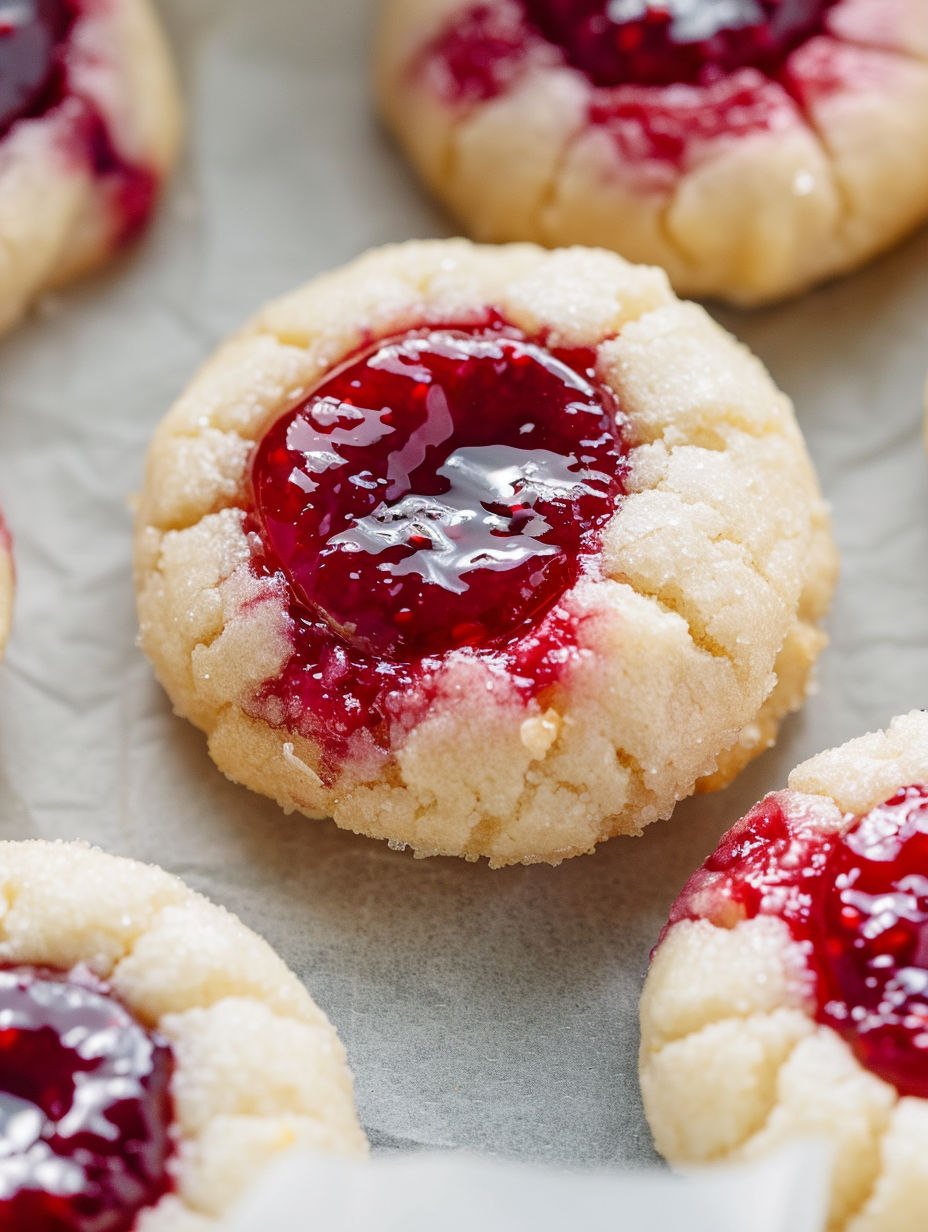 A close up of a cookie with jelly in the center.