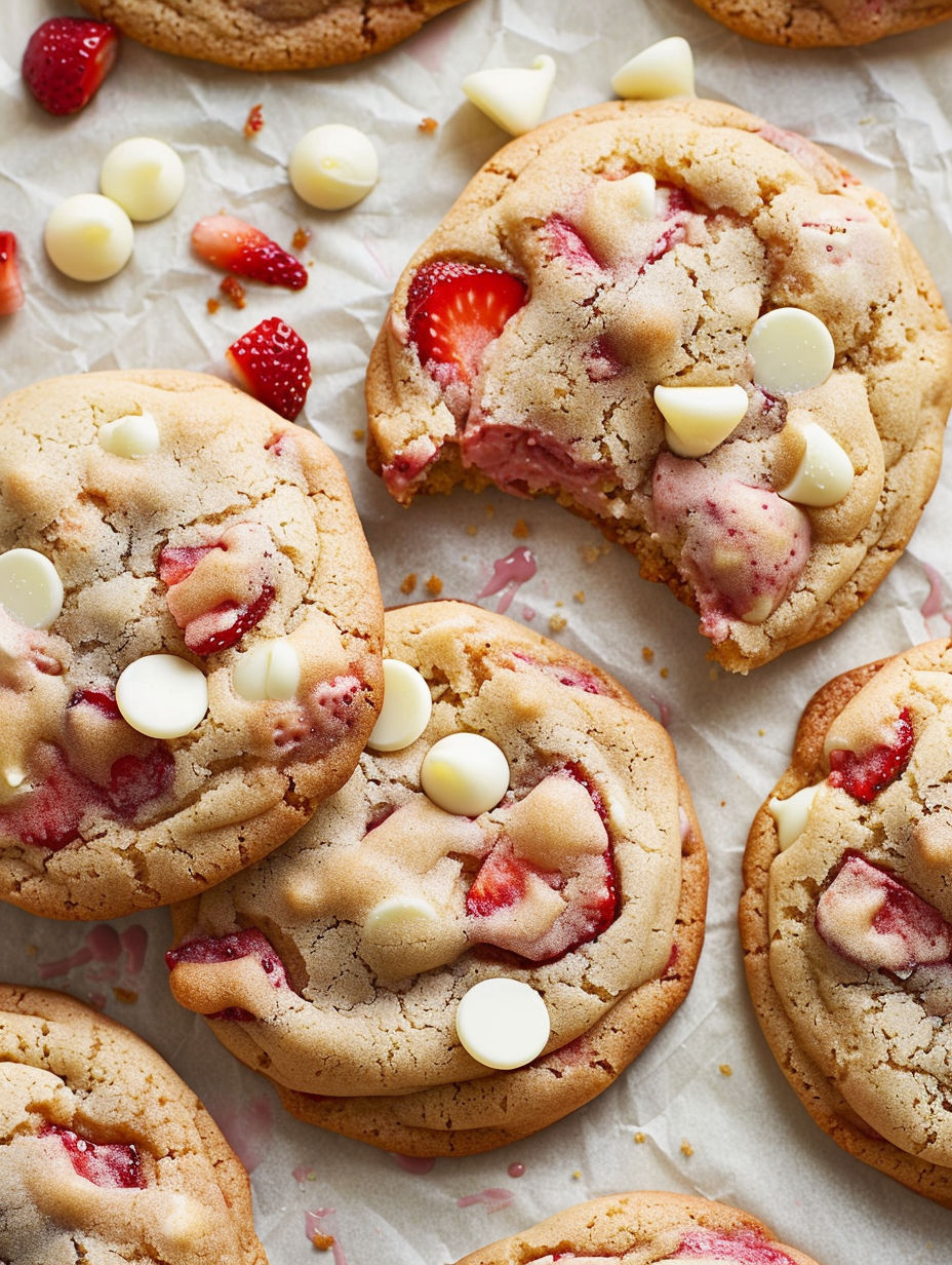 A close up of a cookie with white cream and strawberries.