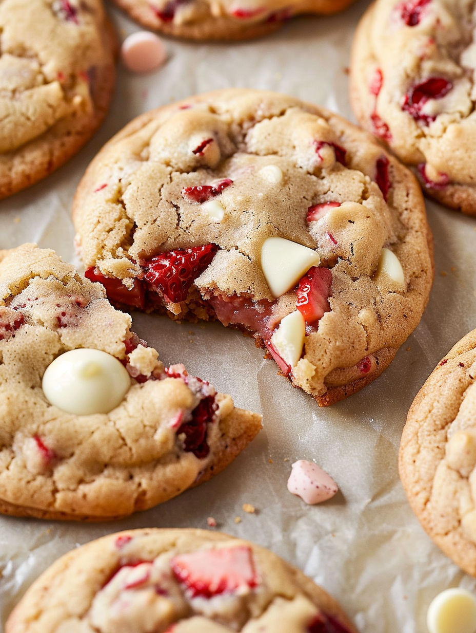 A cookie with white cream and strawberries.