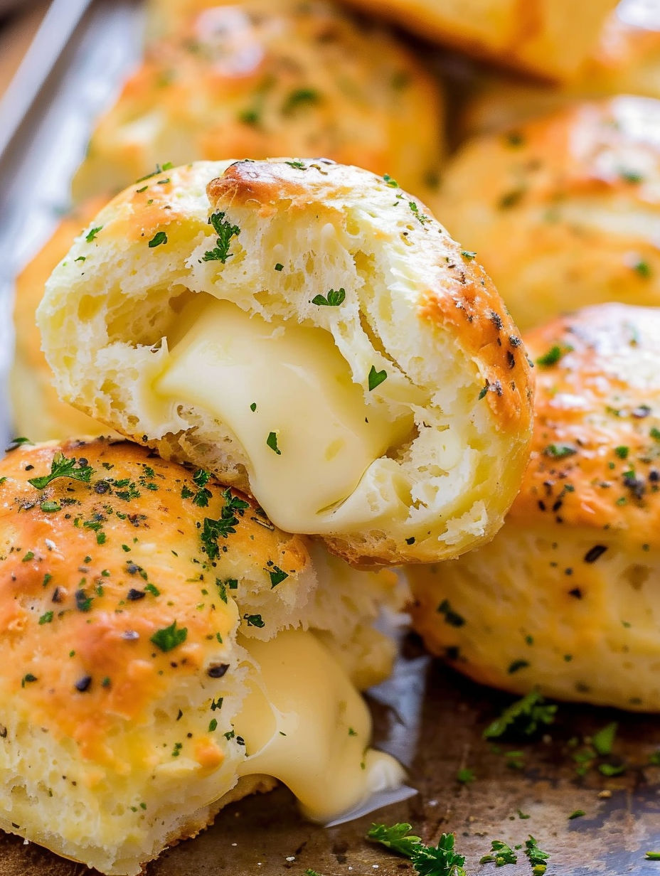 A close up of a stuffed cheese bread.