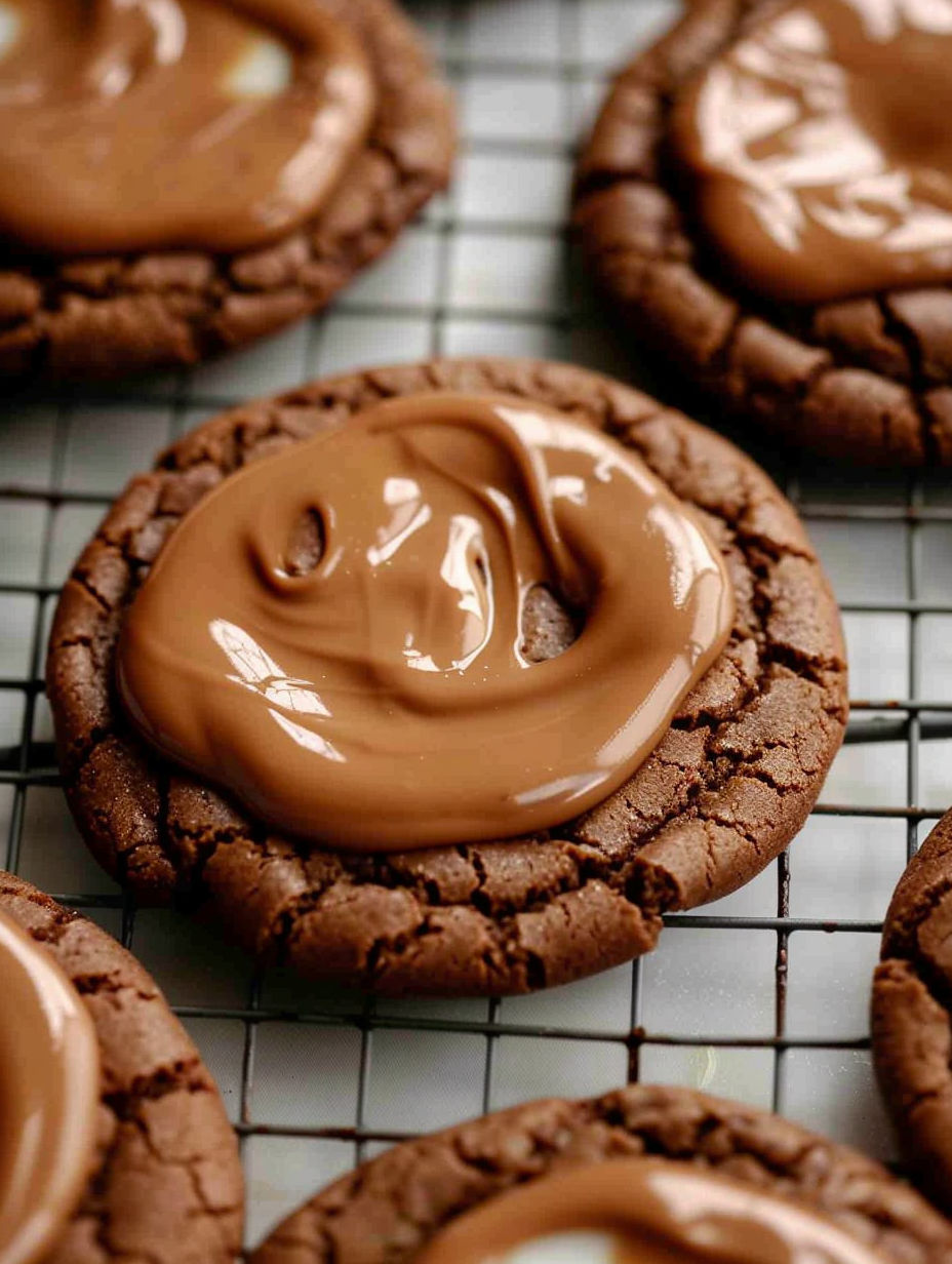 A close up of a chocolate cookie with caramel drizzled on top.