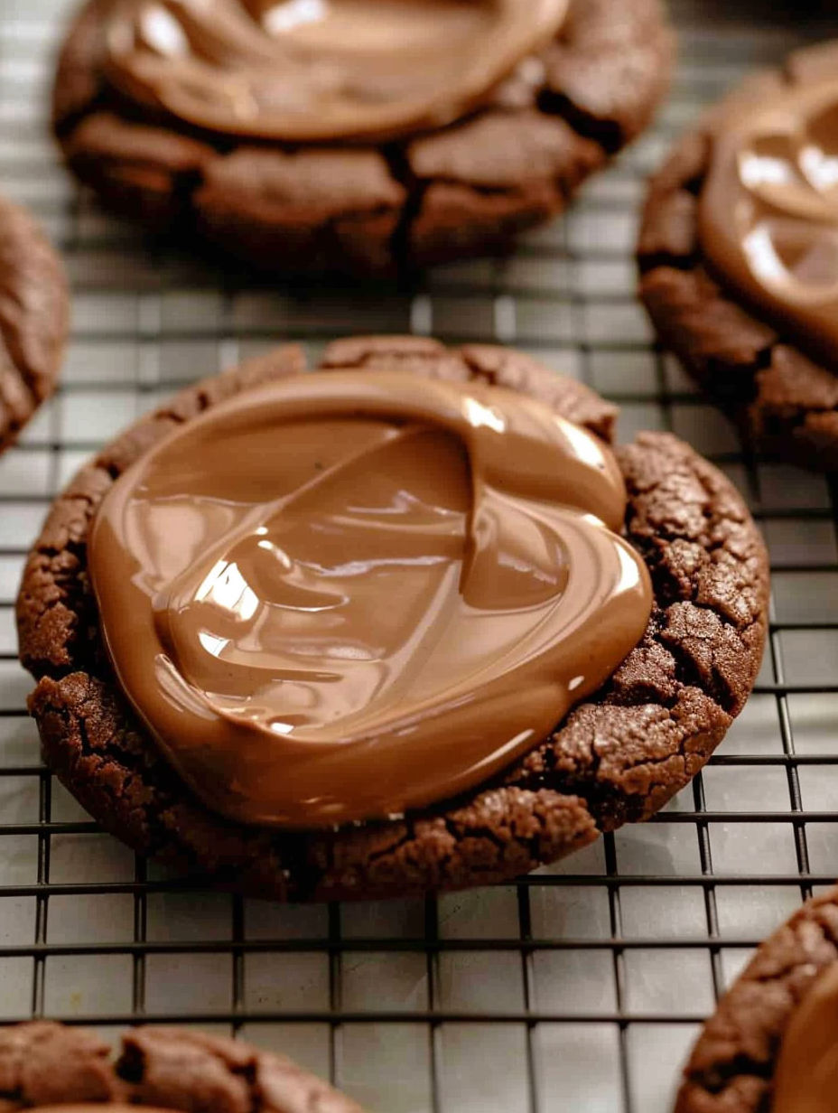 A chocolate cookie with a heart shaped chocolate drizzle.