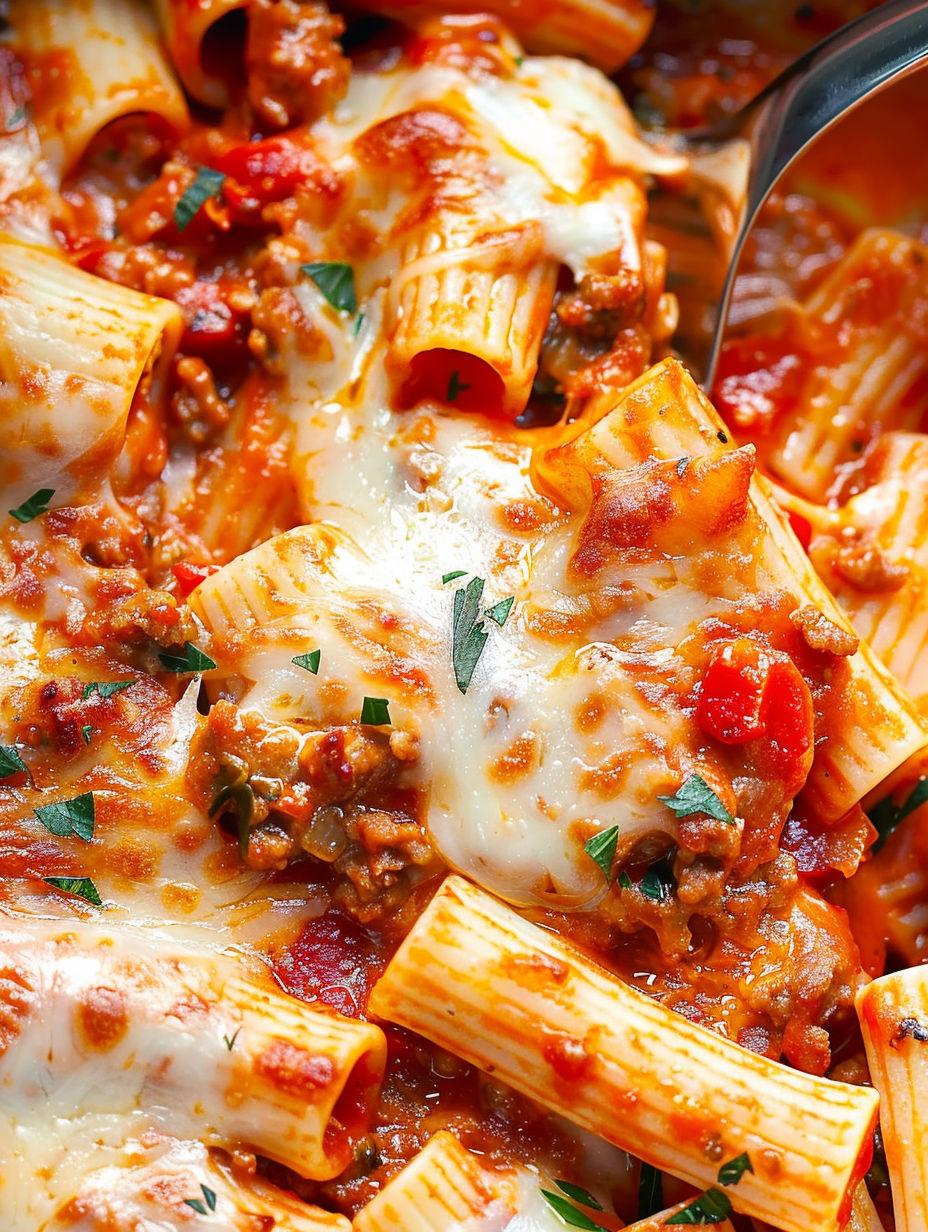 A delicious pasta bake with sausage and peppers.