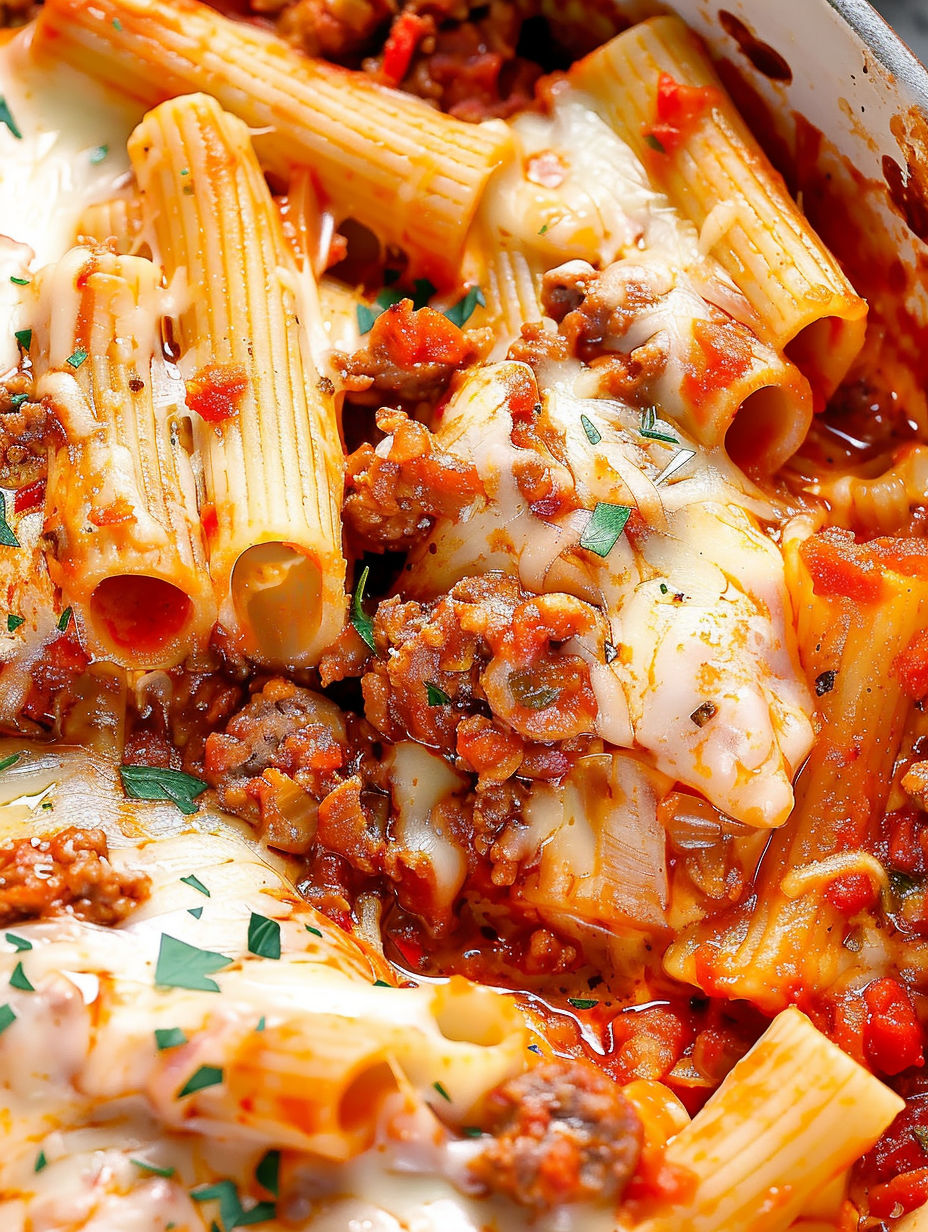 A close up of a delicious pasta bake with sausage and peppers.