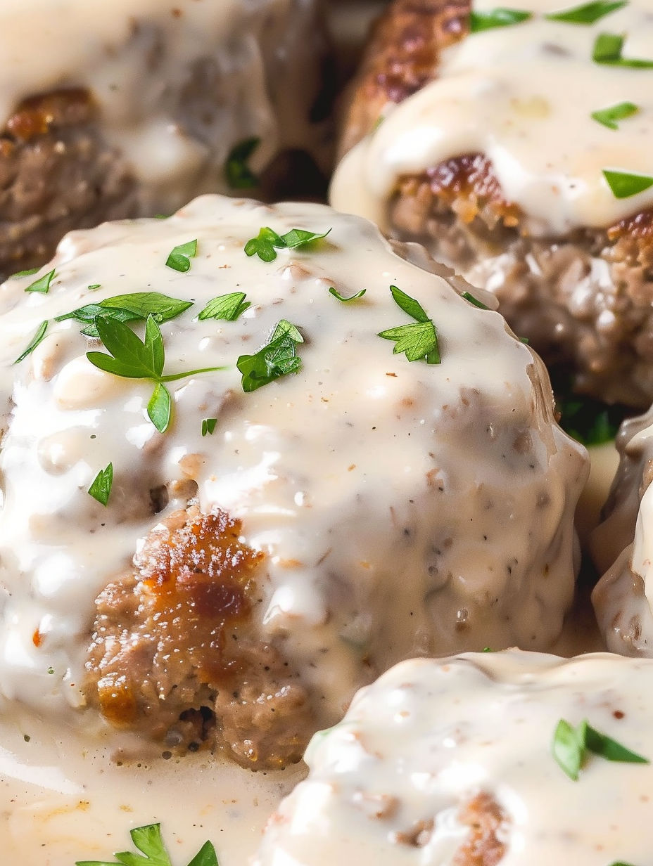 Hamburger steak bake with cheese and herbs.