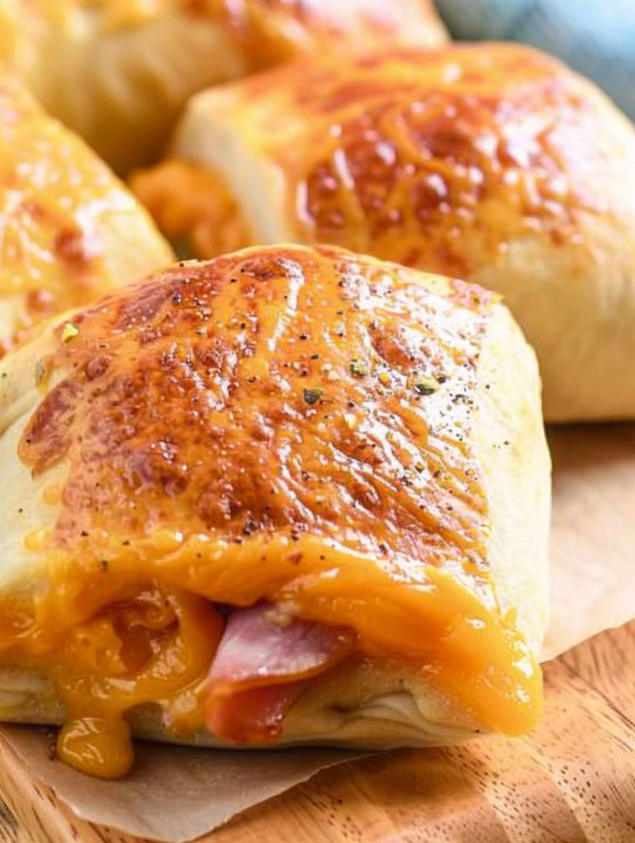 A close up of a hot ham and cheese roll.
