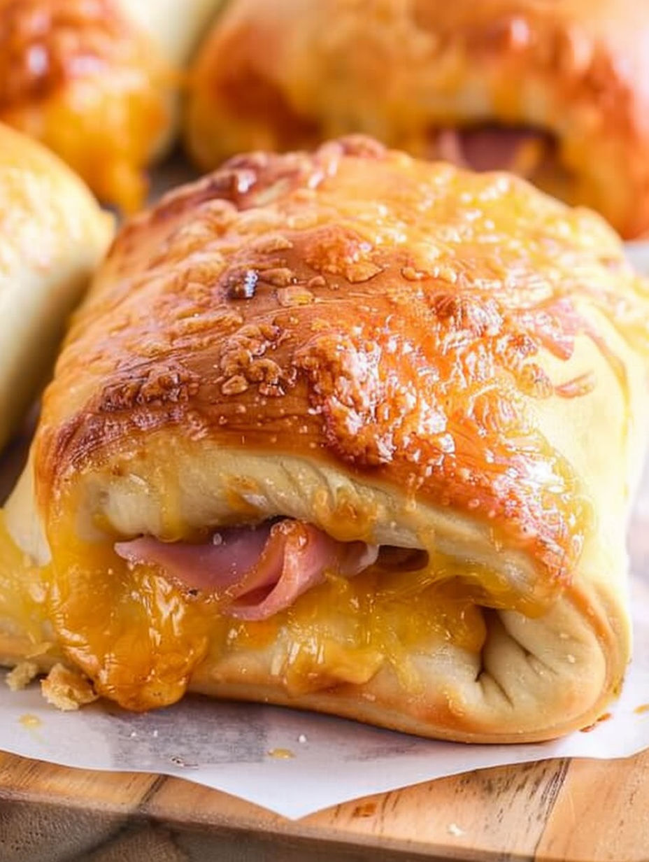 A close up of a hot ham and cheese roll.