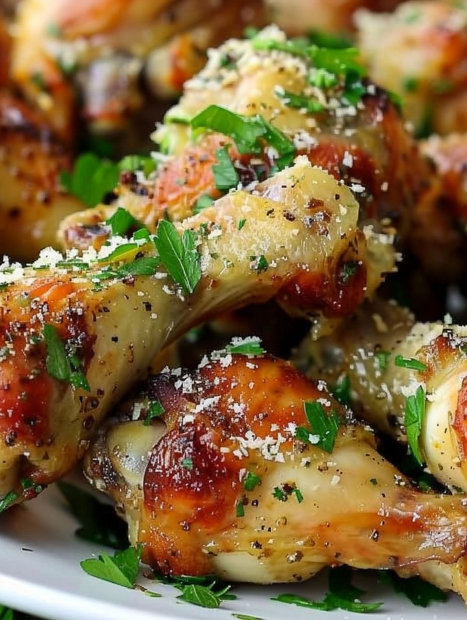 A close up of chicken wings with garlic and Parmesan cheese.