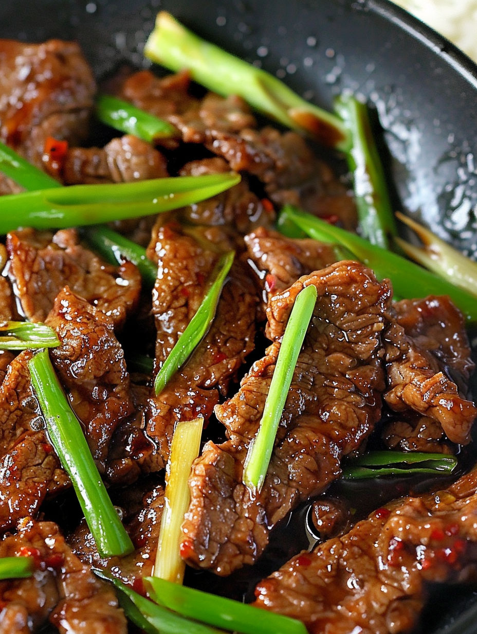 A close up of a delicious mongolian beef dish.