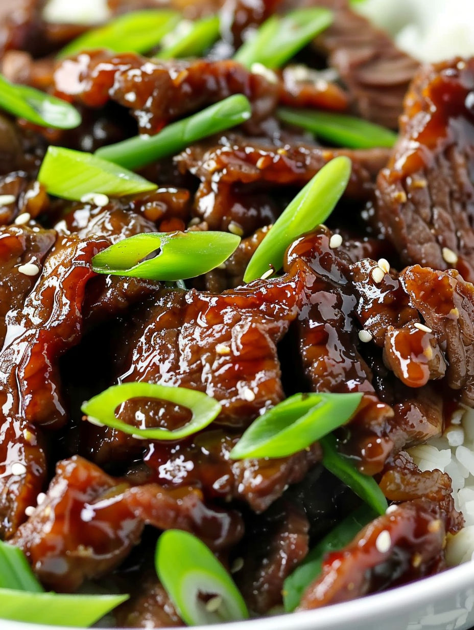 A plate of beef with green onions on top.