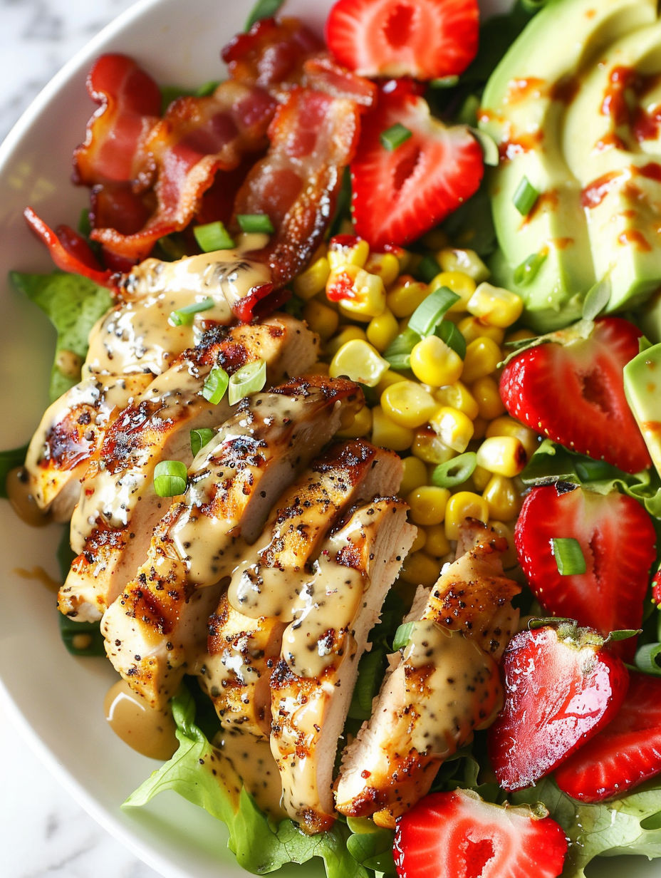 A bowl of chicken salad with strawberries and corn.
