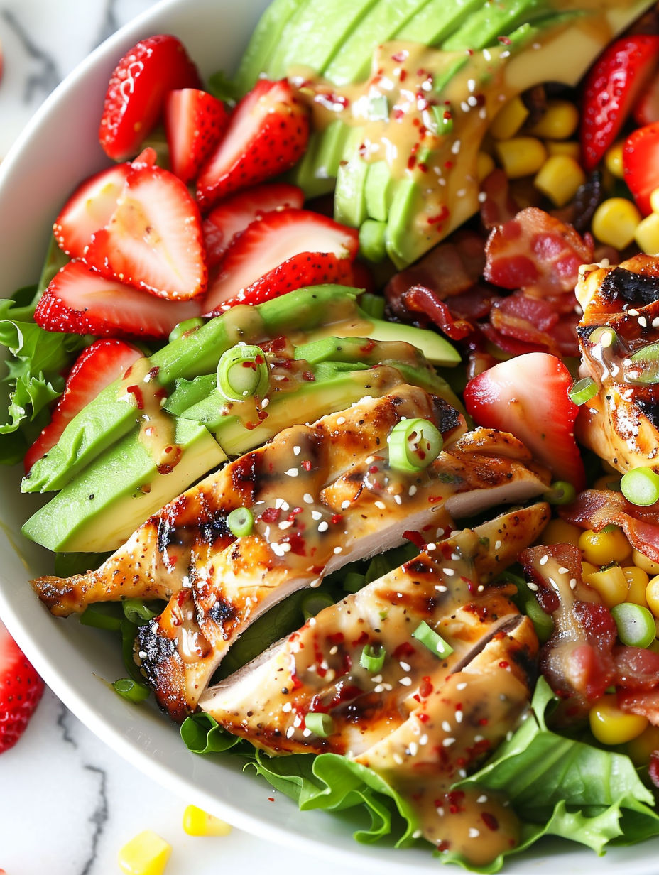 A bowl of chicken salad with avocado, corn, and bacon.