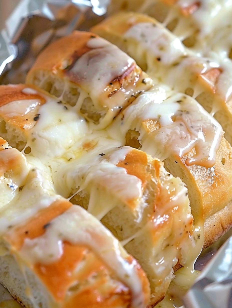 A slice of garlic cheese bread.