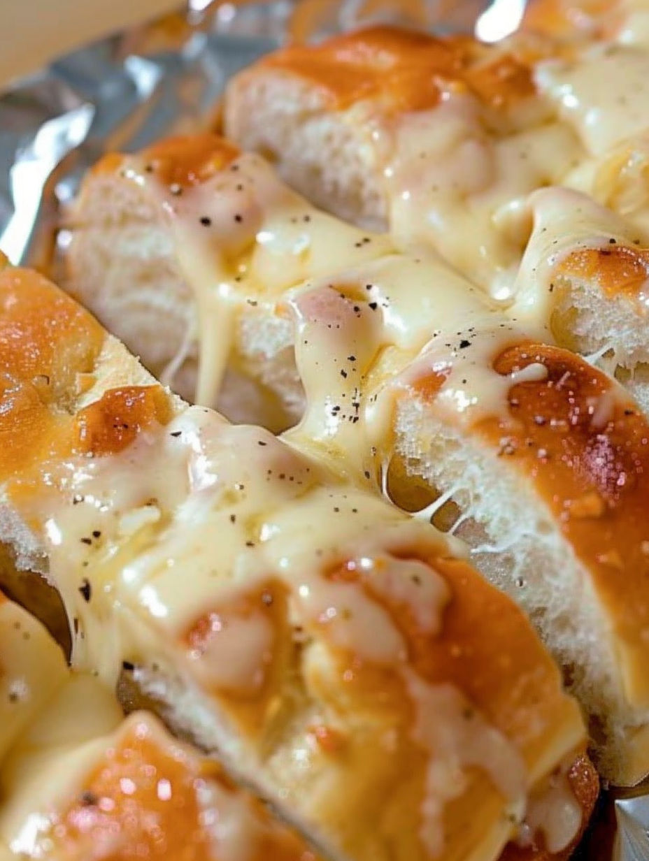 A close up of garlic cheese bread.