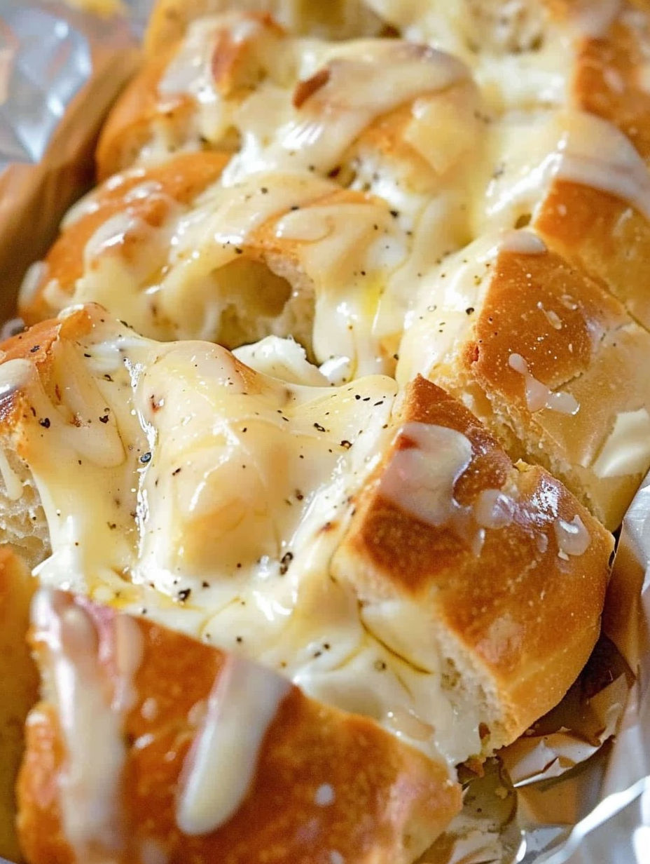 A close up of a garlic cheese bread.