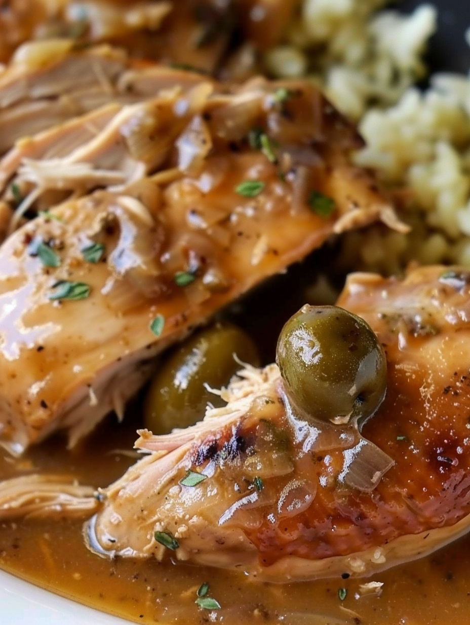 A plate of Mississippi chicken with gravy and green olives.