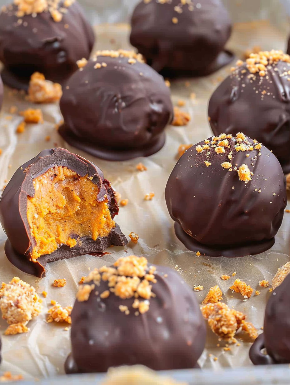 Pumpkin truffles on a tray.