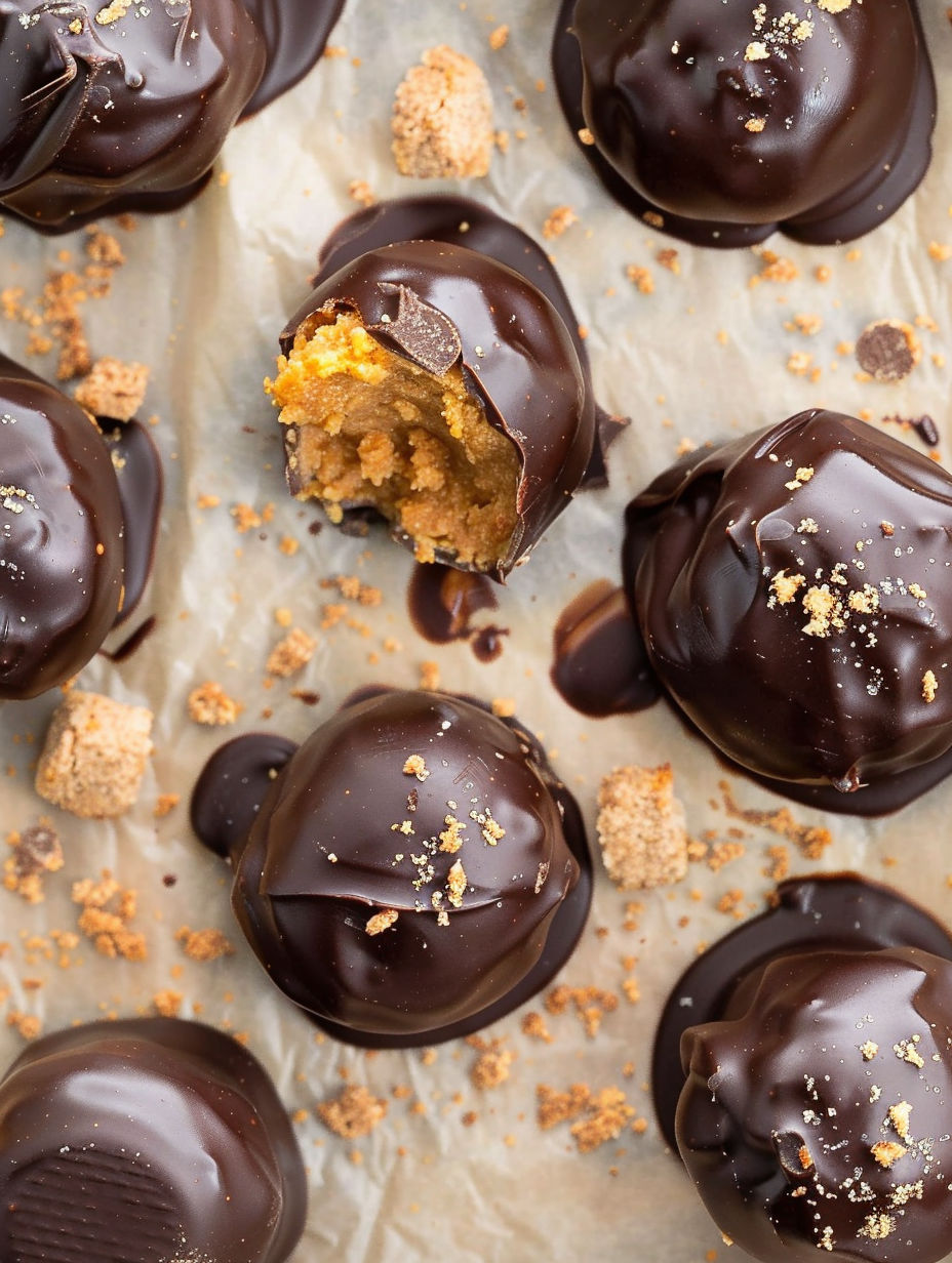 A close up of a chocolate truffle with a bite taken out of it.