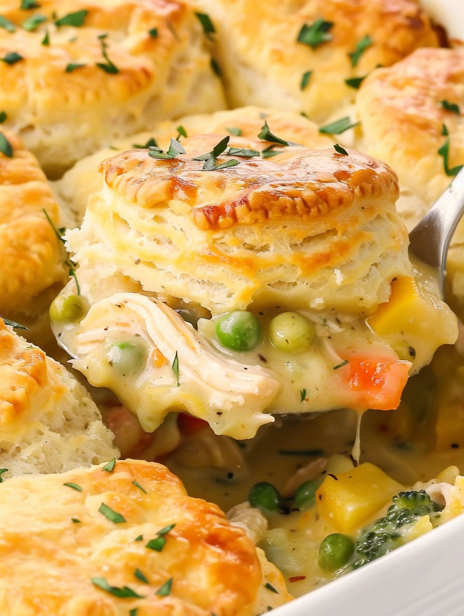 A close up of a chicken pot pie casserole.