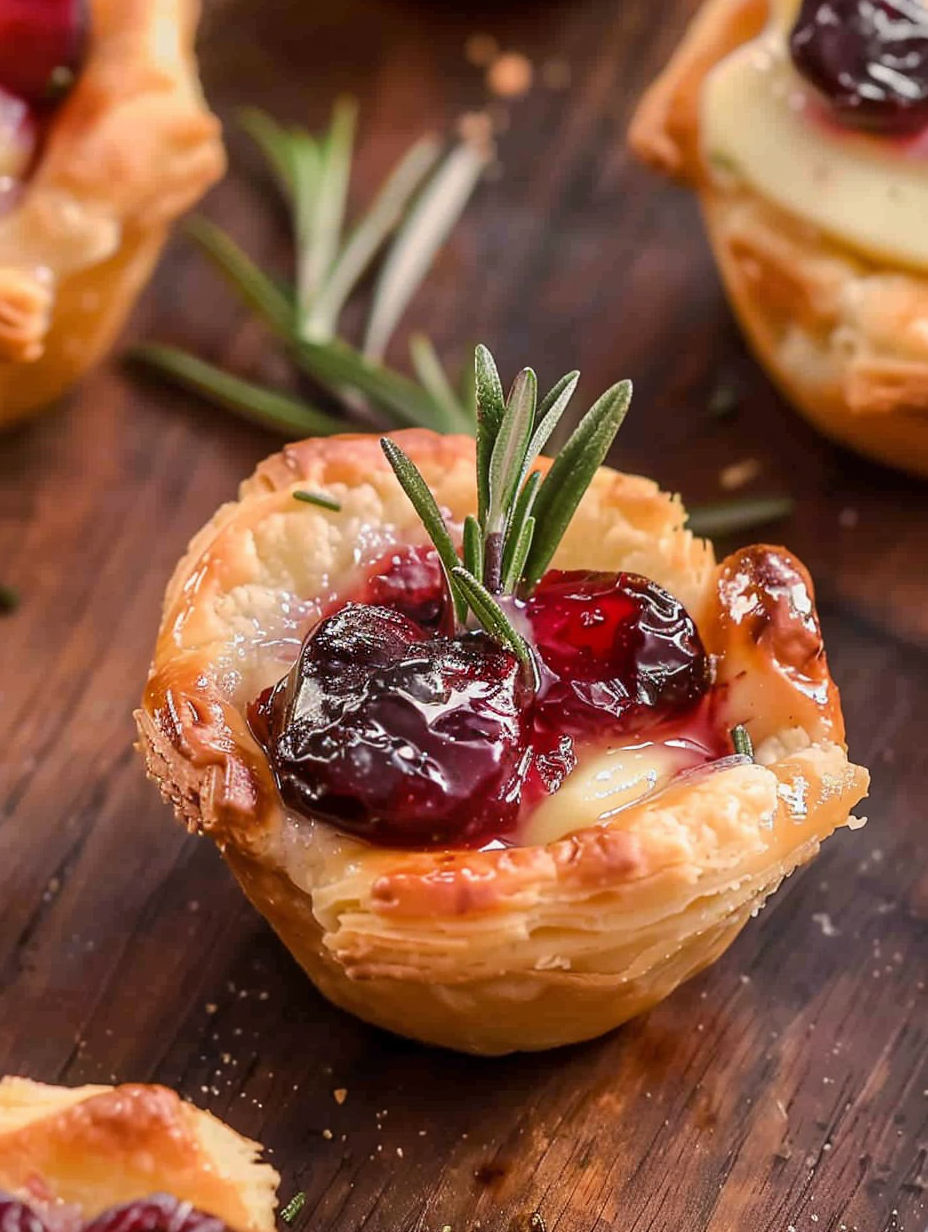 A small pastry with a cranberry filling and a sprig of rosemary on top.