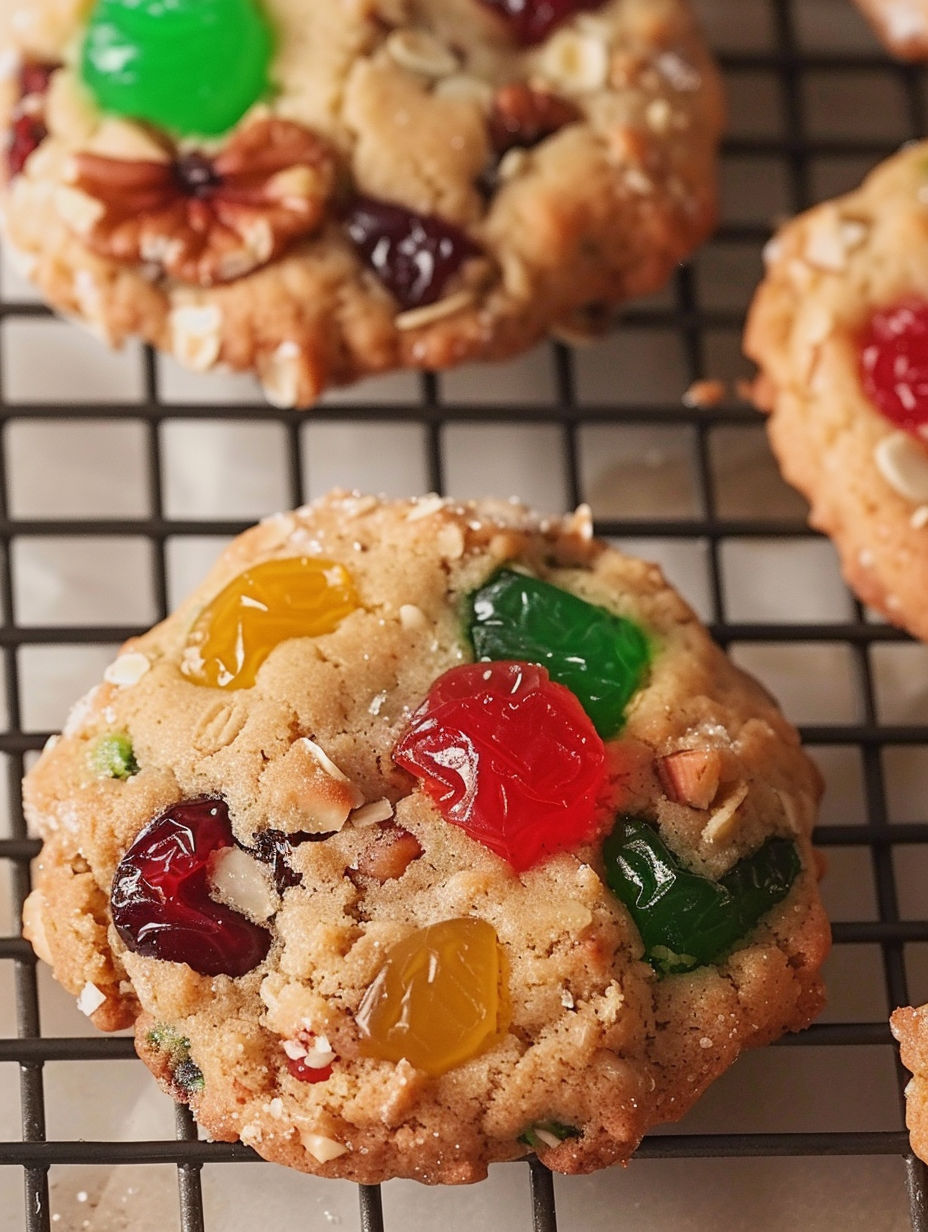 A cookie with fruitcake and jelly beans.