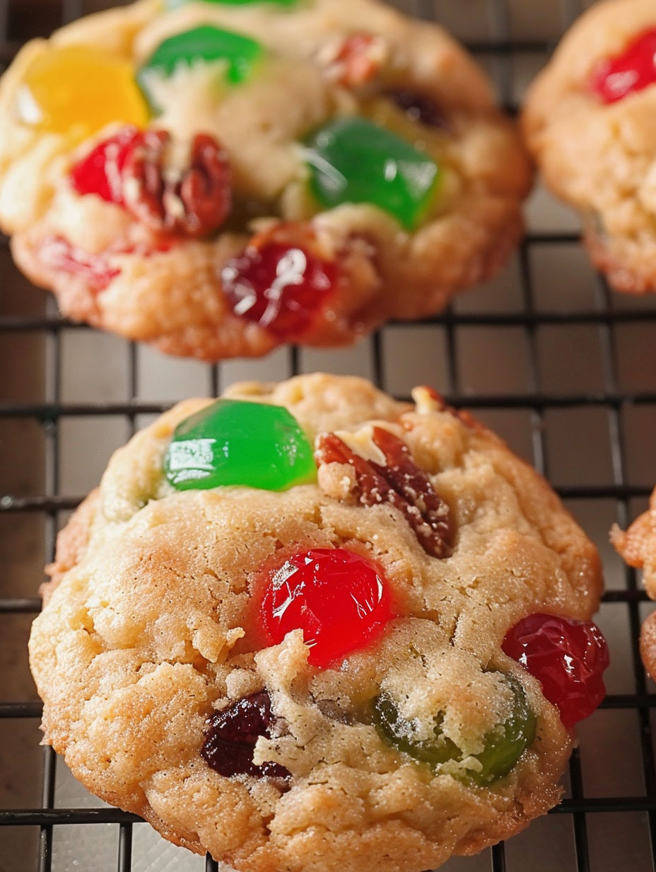 A close up of a cookie with green and red candies.