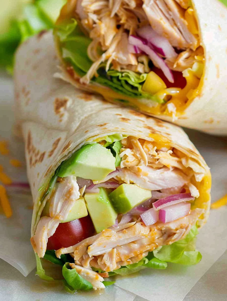 Two BBQ chicken wraps with lettuce and tomato.