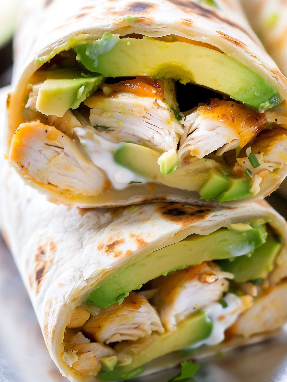 A burrito with chicken and avocado.