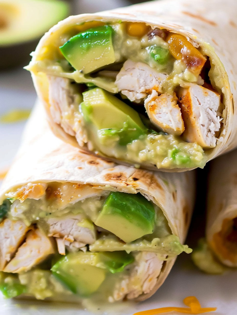 Baked Avocado Chicken Burritos.