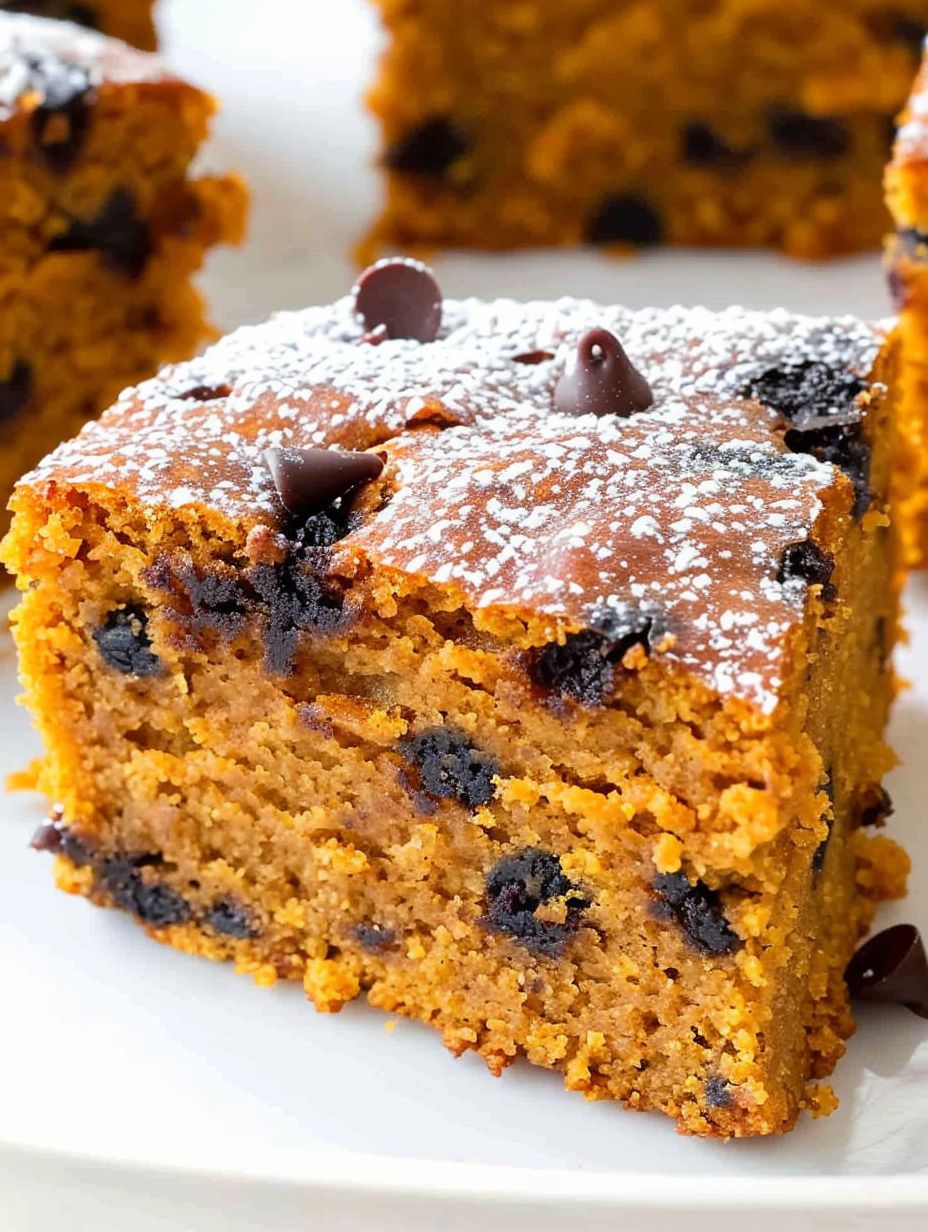 A slice of pumpkin cake with chocolate chips on top.