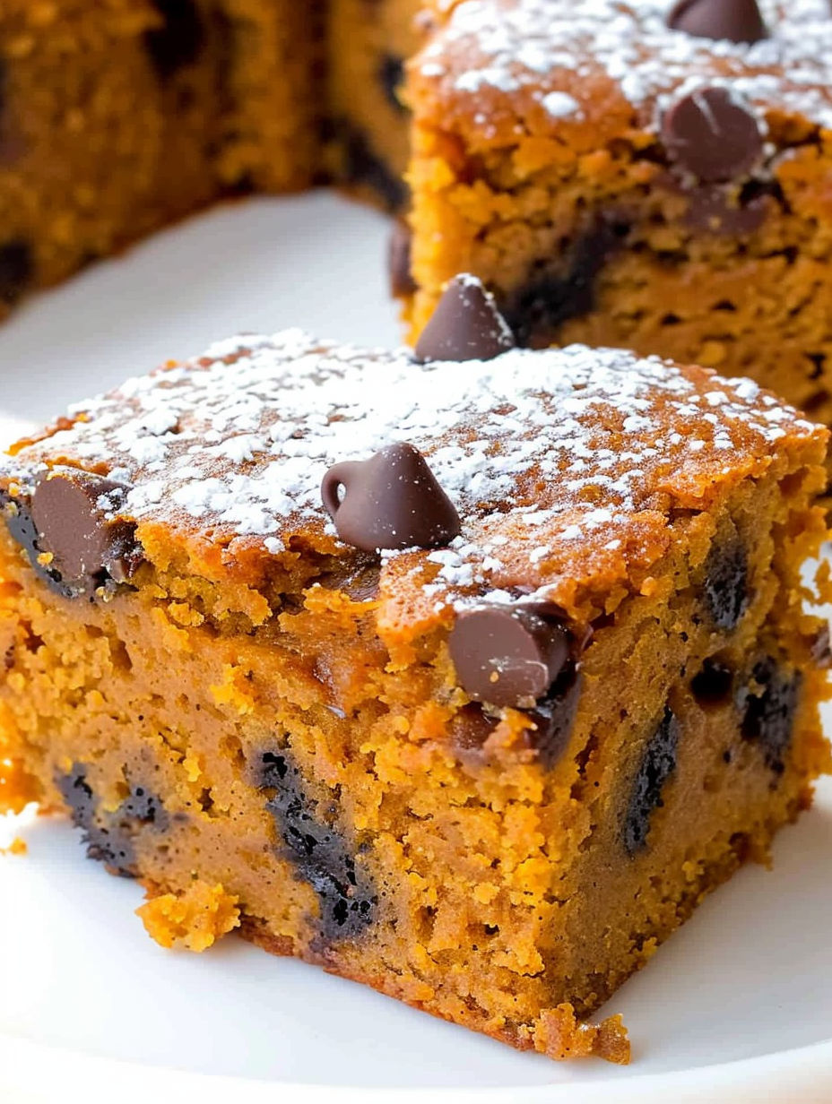 A slice of pumpkin cake with chocolate chips.
