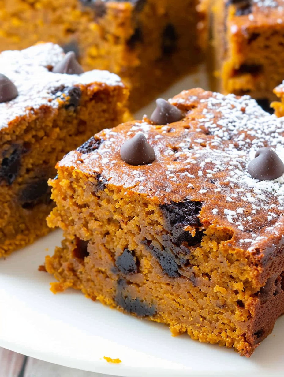 A slice of pumpkin cake with chocolate chips.