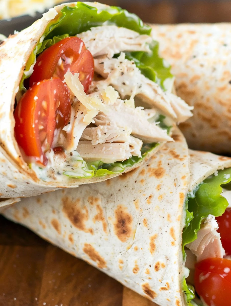 A wrap with chicken and tomatoes.