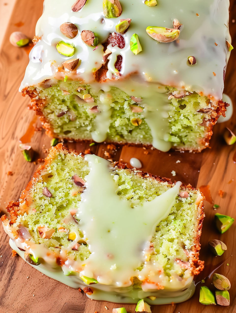A slice of pistachio bread on a wooden table.