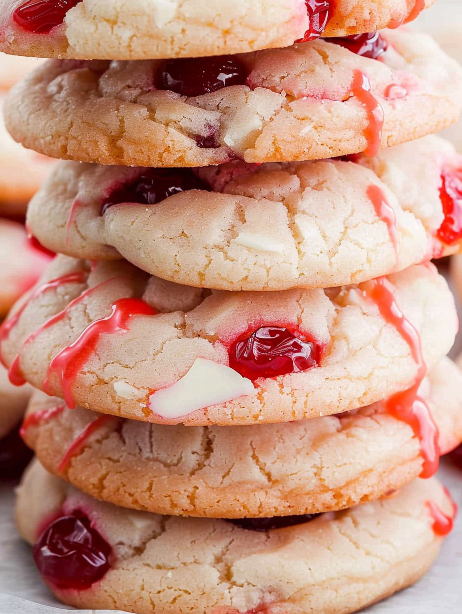 A stack of cookies with cherries on top.